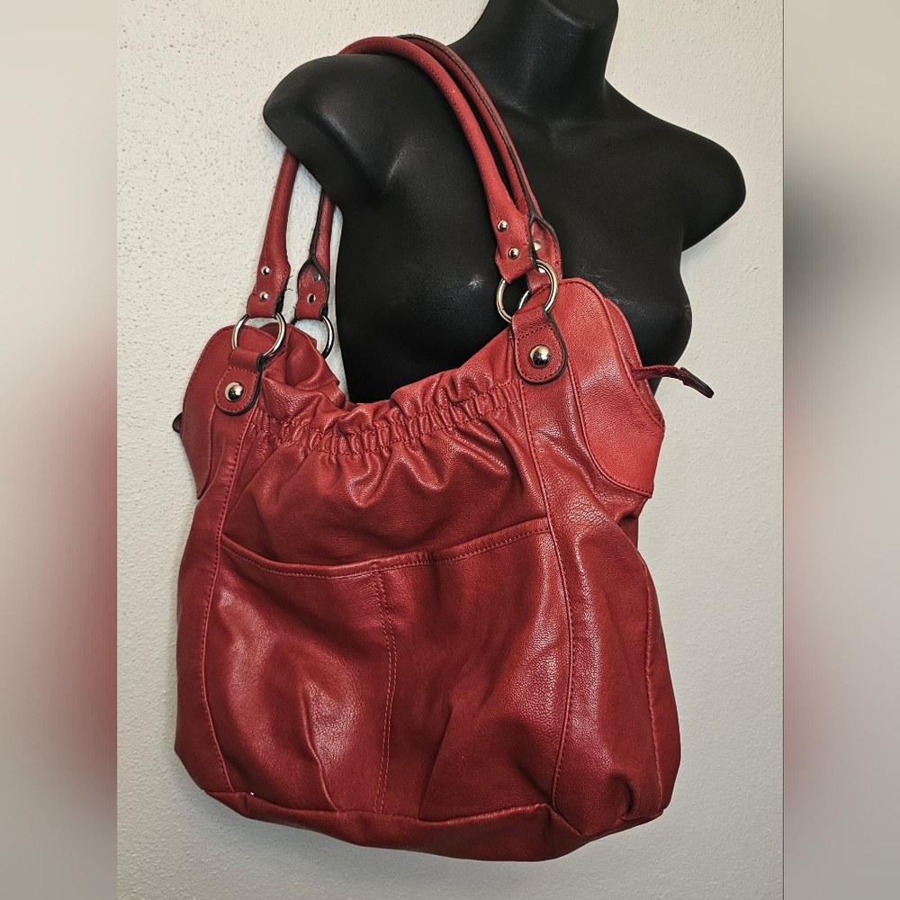 [ELLE]  Burgundy Soft Vegan Leather Shoulder Double Strap Purse/ Hobo Bag